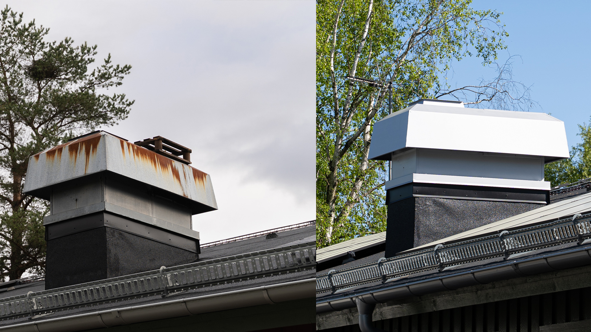 Tv&aring; bilder p&aring; samma ventilationsk&aring;pa i metall p&aring; ett tak. P&aring; ena bilden &auml;r den rostig och p&aring; den andra &auml;r den blank.