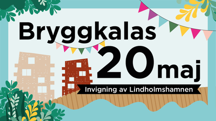 En illustration med vimplar, grönska och hus