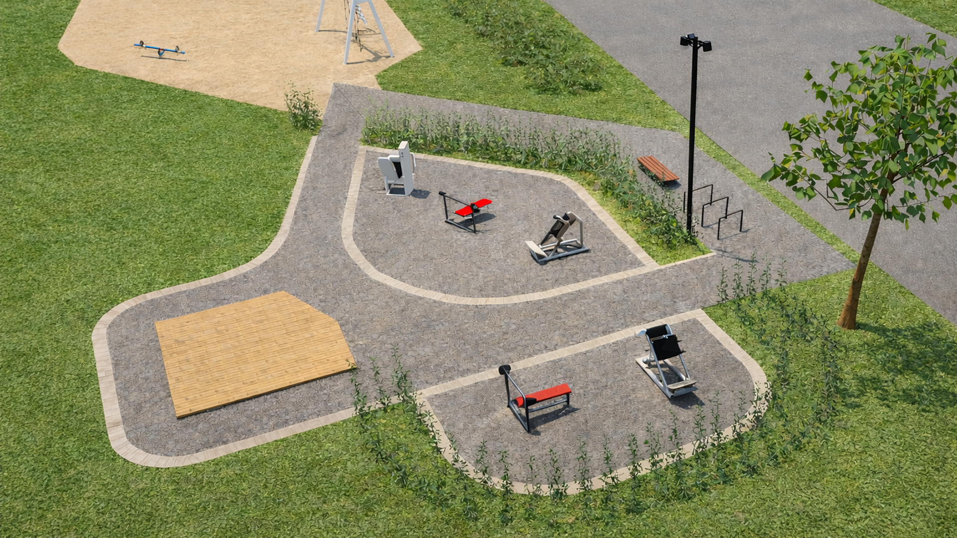 Visionsbild över utegymmet som ska byggas i Lundby. 5 rödsvarta ställbara gymmaskiner, trädäck, buskplantering omkring