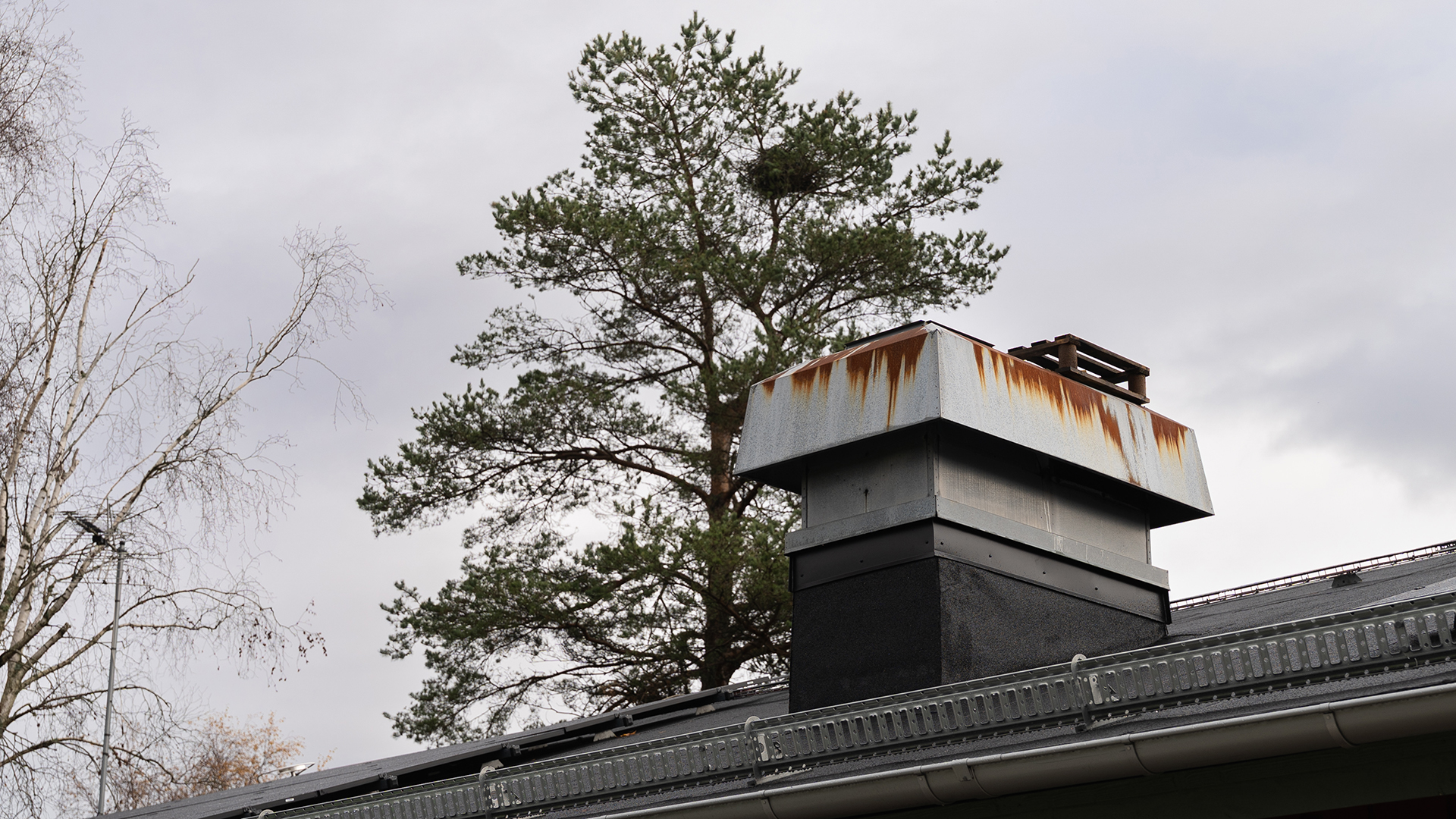 En rostig metalll&aring;da p&aring; ett tak.