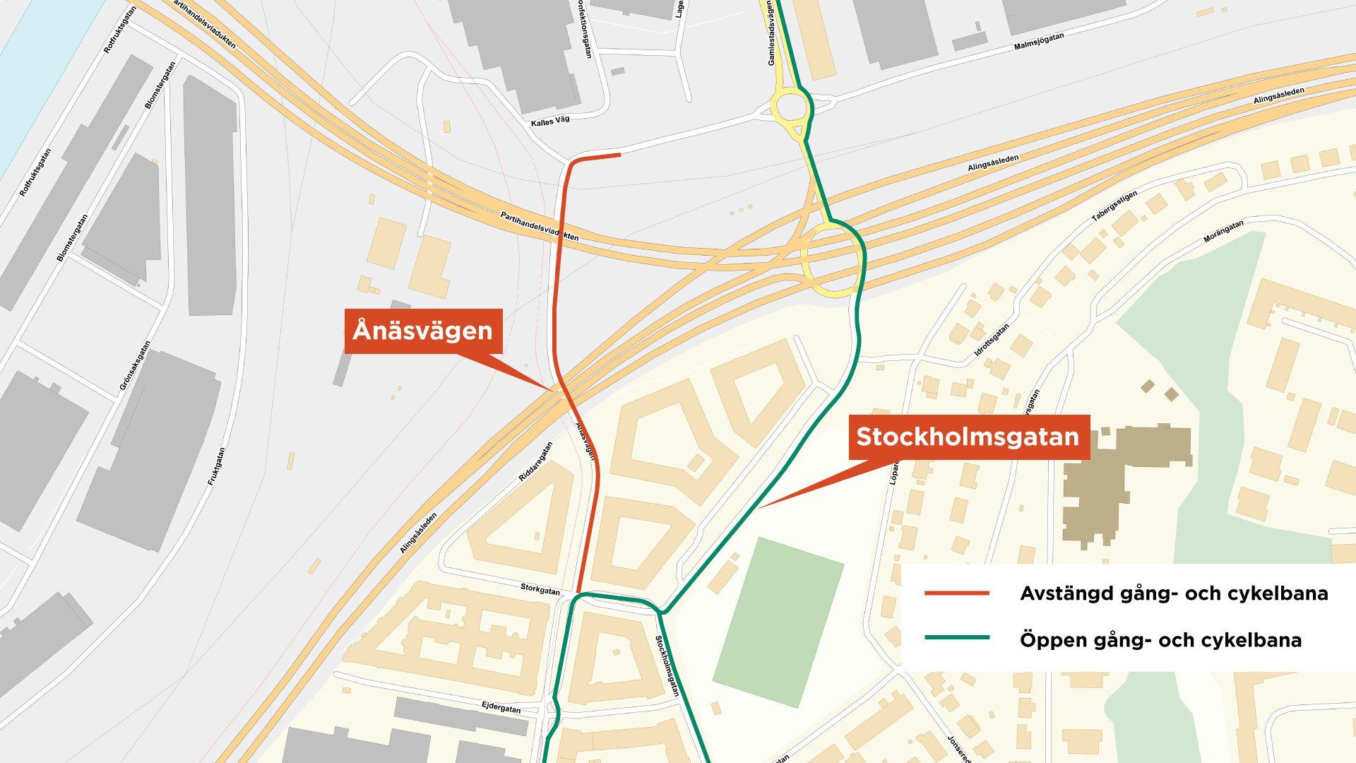 Karta över Ånäsvägen som visar vilken gång- och cykelväg som är avstängd och vilka som är öppna.