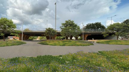 Gångtunnel med pelare klädda i trä för att efterlikna träd. Framför finns ytor med gräsmatta med blommor, träd och gång- och cykelväg.