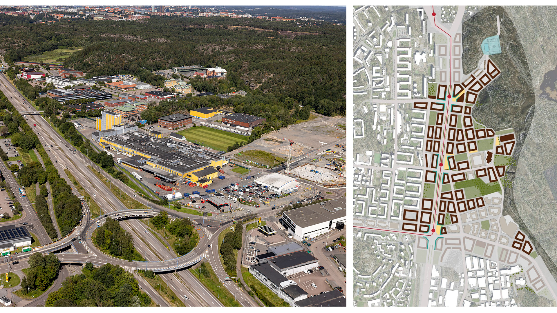 Flygbild &ouml;ver H&ouml;gsbo industriomr&aring;de med Dag Hammarskj&auml;ldleden och &Auml;ngg&aring;rdsbergen. I bilden finns ocks&aring; en illustration av strukturid&eacute;en. 