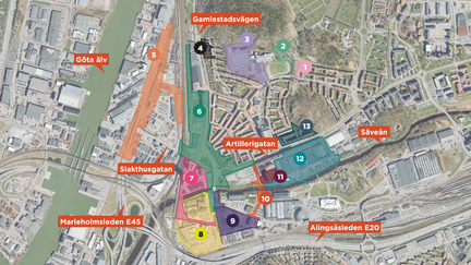 Bild med  markering för de detaljplaner som är på gång i Gamlestaden