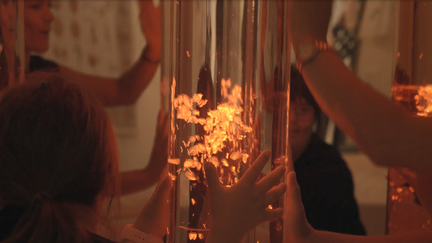 Två personer tittar och håller händerna på ett bubbelrör