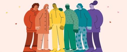 Illustration av människor i olika färger med hjärtan i bakgrunden,