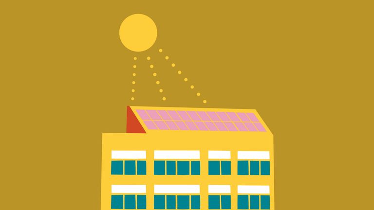 Solceller på ett hus, illustration. 