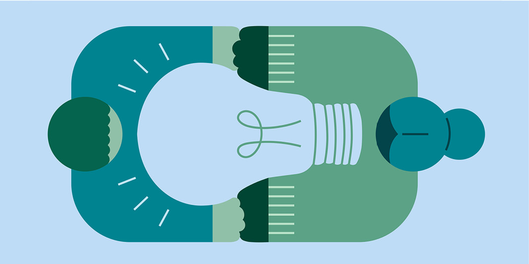 En illustration av två människor som håller om en glödlampa.