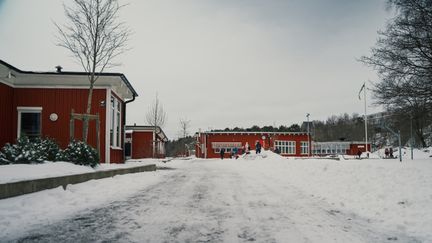 En överblick av Långmosseskolan med några barn och en flaggstång i bakgrunden.
