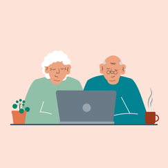 Illustration där två seniorer sitter framför en dator.