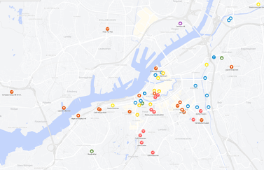 Bilden visar en karta över Göteborg. Kartan är markerad med företag som är med i nätverket. Gå till länken i bildtexten för information om vilka företagen är och var de finns.