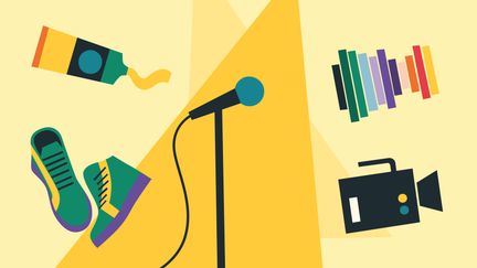Illustration med färgglada bilder på en färgtub, ett par sneakers, en mikrofon och en filmkamera.