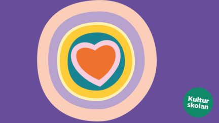 Abstarkt illustration med ett hjärta i mitten omringat av ringar i olika färger. Texten Kulturskolan i en cirkel i vänster hörn i nederkant