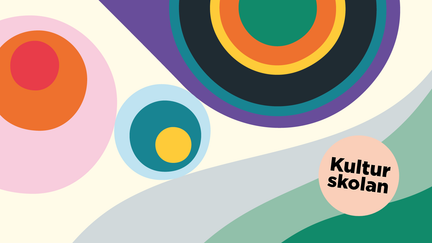 Abstrakt illustration med många färger. Texten Kulturskolan i en cirkel i vänster hörn i nederkant
