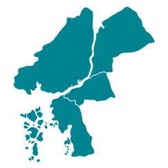 Illustration med en karta över Göteborgs Stads skolområden i turkost och ljusblått.