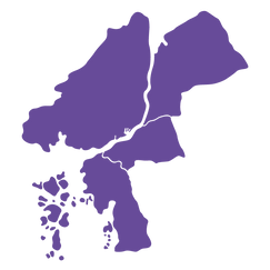 Illustration med en karta över Göteborgs Stads skolområden i lila och ljusgrönt.