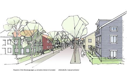 Arkitektskiss på gata med hus längs med gatan och träd i gatan