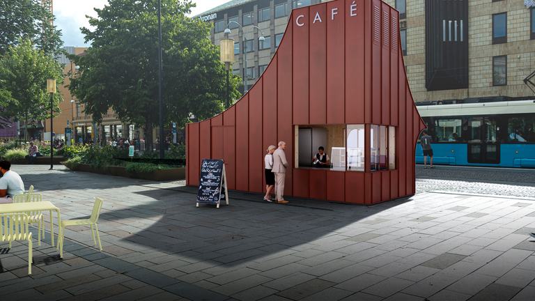 Rödbrun cafébyggnad - det vinnande arkitektförslaget för café i Brunnsparken