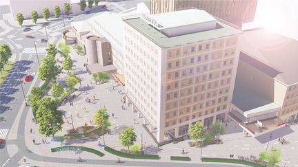 Illustration över ett triangelformat torg med träd, planteringar, buskage och sittplatser. På ena sidan höga hus och på övriga sidor gata och cykelbana. Visualisering 02Landskap