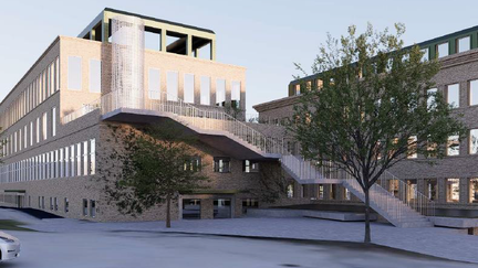 Visionsbild av ny skola med en lång trappa som förbinder skolans takterrasser med skolgården.