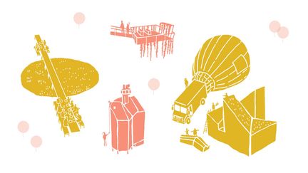 Gula och orange illustrationer av bland annat byggnaden Läppstiftet, en liten lastbil med en typ luftballong fäst baktill och en marin kolonilott.