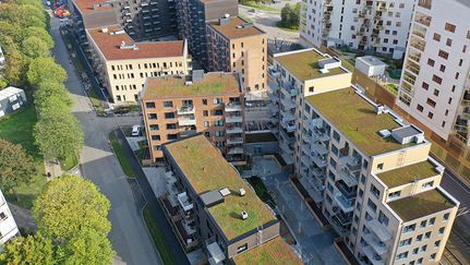 Flygbild lägenhetshus längs med en gata
