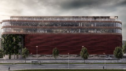 Visionsbild av parkeringshus och idrottshall.