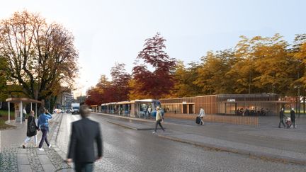 Visionsbild på Haga station - en träbyggnad i ett plan