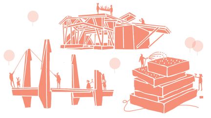 Orange illustrationer av prototyper och Hisingsbron.