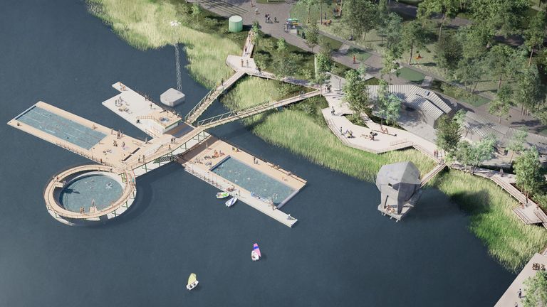Illustrationsbild på det nya hamnbadet med bryggor och pooler