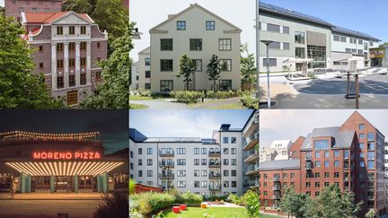 Collage med sex byggnader som kan bli årets byggnadsverk