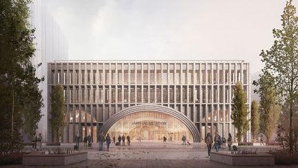 Bild på ingången på station centralen där ingången är en stor båge och byggnaden är i gammal stil