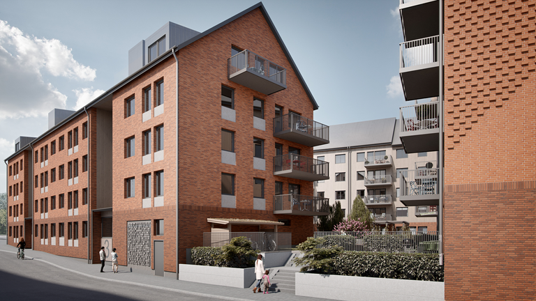 Visionsbild av Skra Bro etapp I, visar ett brunt fyravåningshus vid en gata