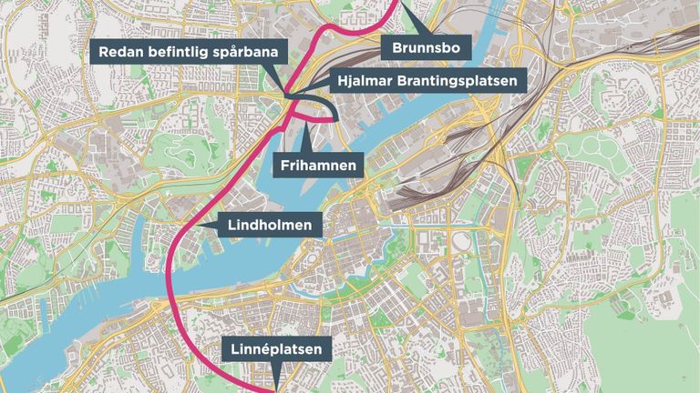 Kartbild över älven och sträckningen för Brunnsbo - Linné via Lindholmen