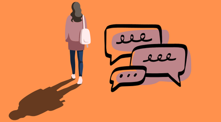 Illustration av ryggen på en person, bredvid syns pratbubblor med oläslig text