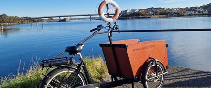 En lådcykel och ett blått hav med en bro i bakgrunden.