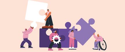  Fem personer som hjälps åt att bygga ett jättepussel