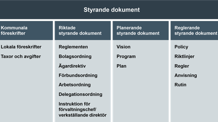 Olika typer av styrande dokument. Kommunala föreskrifter, riktade styrande dokument, planerande styrande dokument och reglerande styrande dokument