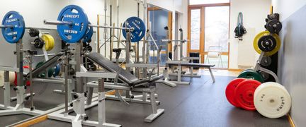 Del av gymmet med fria vikter