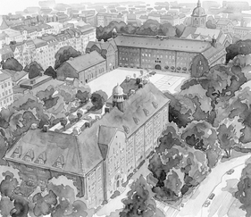 Svartvit akvarellbild på Södra och Norra byggnaden