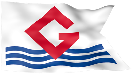 Grefabs logotyp. Ett rött G som guppar på blå vågor mot en vit bakgrund. 