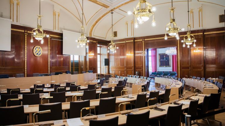 Bild från kommunfullmäktiges möteslokal i Börsenhuset i Göteborg.