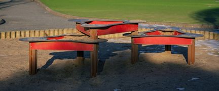 En sandlåda med bänkar framför Älvegårdsskolan.