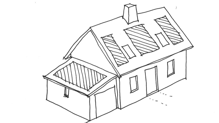 Illustration av solceller på hus med sadeltak med takfönster. Solcellerna är placerade emellan takfönstren.