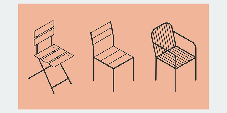 Illustration av tre typer av stolar du skulle kunna ha på en uteservering.
