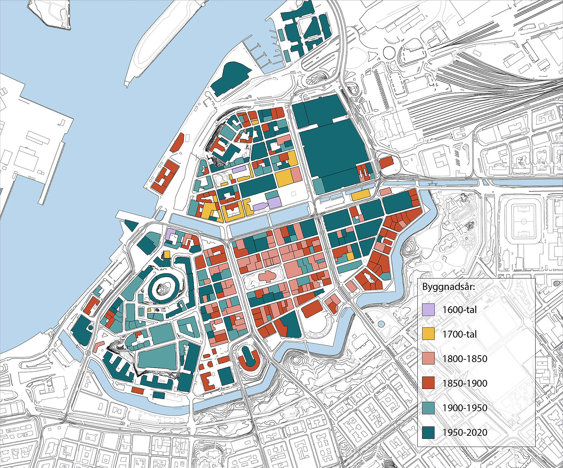 Illustration som visar stadskärnan - området runt Operan och Gustav Adolfs Torg