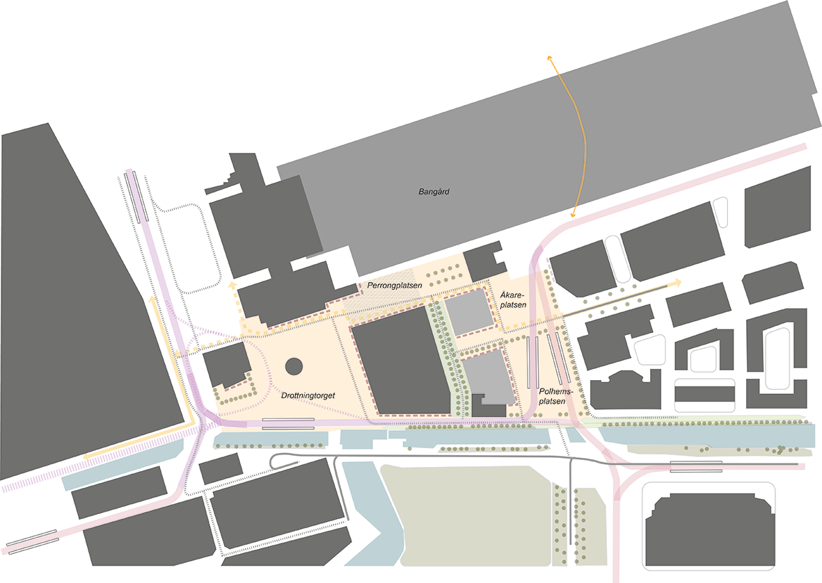 Karta över området Drottningtorget som visar hur spåret går i förslag befintligt