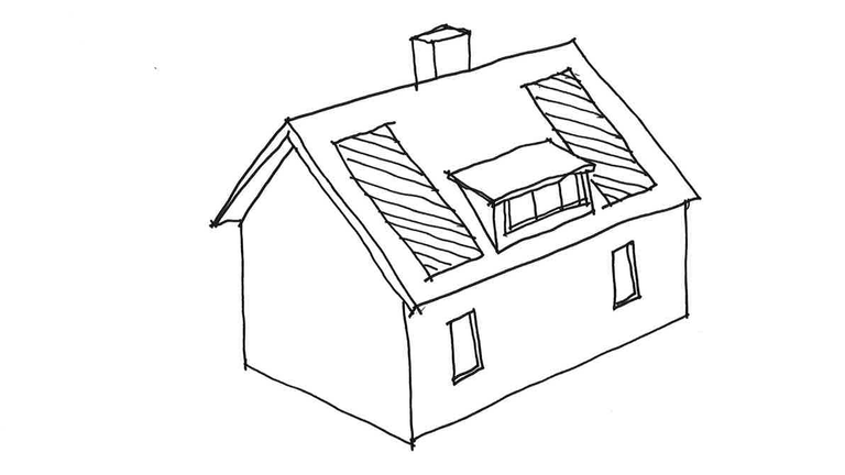 Illustration av solceller på sadeltak med taklyft och takkupa