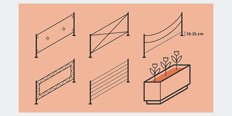 En illustration på olika sorters inramningar så som plank, olika typer av staket och en blomlåda.