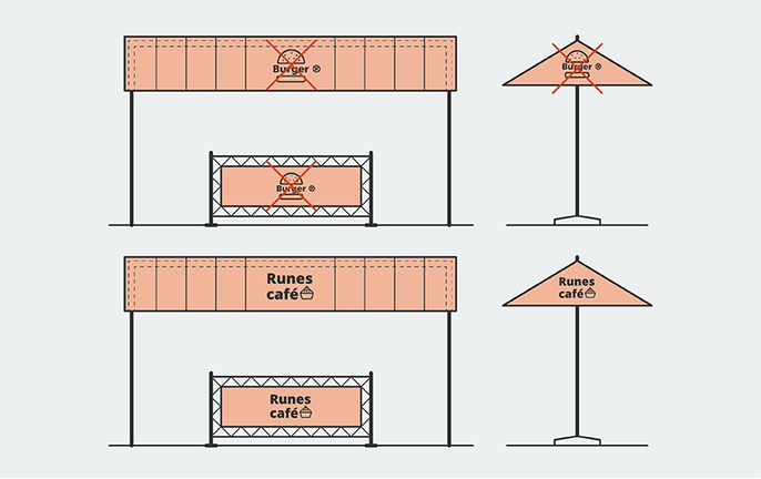 Illustration av en markis, ett staket och en parasoll med reklam för ett hamburgermärke, alla täckta med röda kryss. Här syns också en markis, ett staket och en parasoll med en logotyp för 